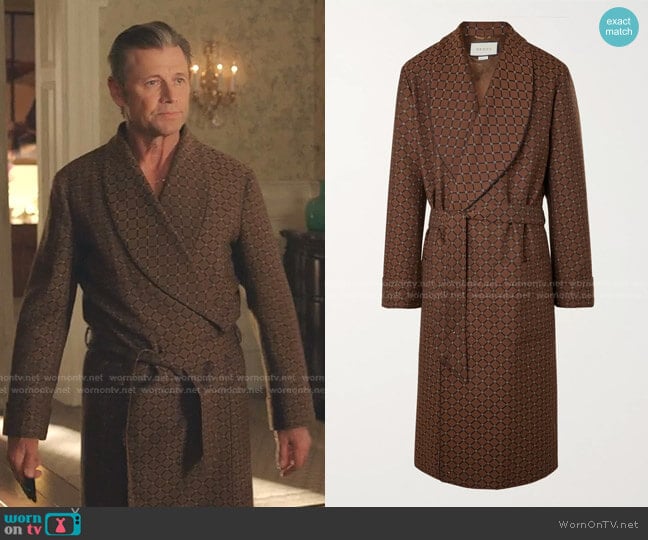Shawl-Collar Belted Piped Logo-Jacquard Twill Coat by Gucci worn by Grant Show on Dynasty 