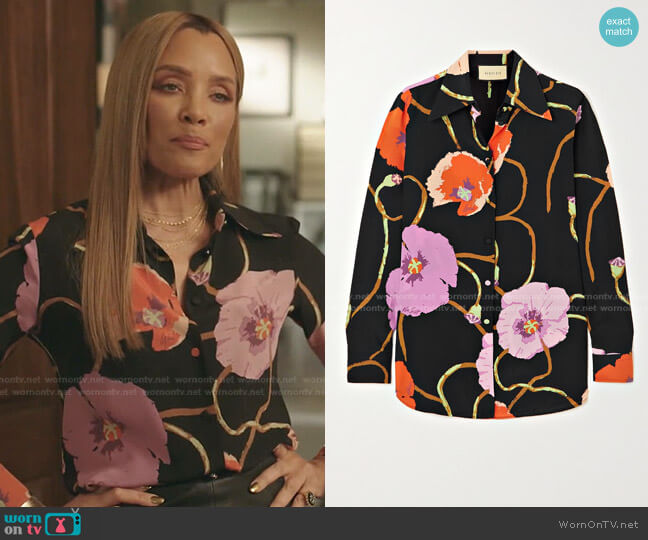 Floral-Print Silk Crepe de Chine Shirt by Gucci + Ken Scott worn by Dominique Deveraux (Michael Michele) on Dynasty