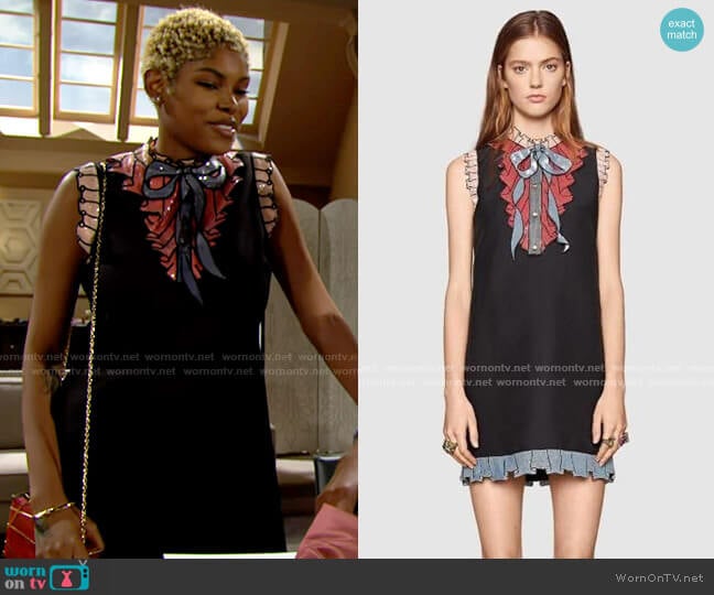 Gucci Sequin Bow/Ruffle Graphic Sleeveless Dress worn by Paris Buckingham (Diamond White) on The Bold and the Beautiful