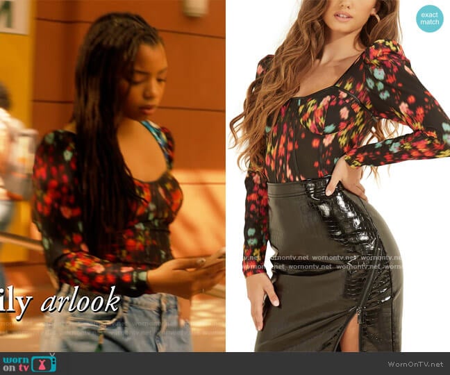 Rachel Sweetheart-Neck Top by Guess worn by Jazlyn Forster (Chloe Bailey) on Grown-ish