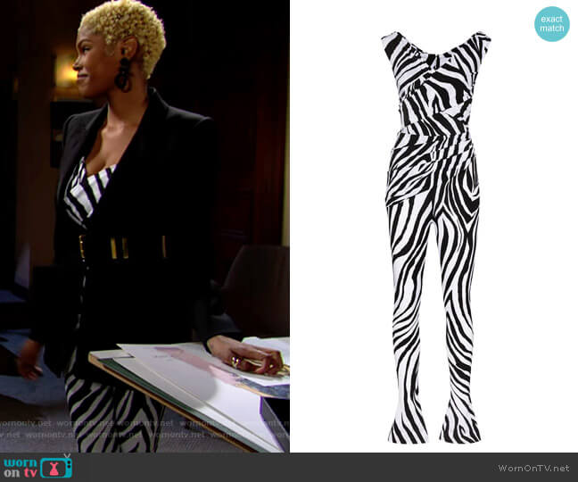 Halpern Zebra Print Off Shoulder Jumpsuit worn by Paris Buckingham (Diamond White) on The Bold and the Beautiful