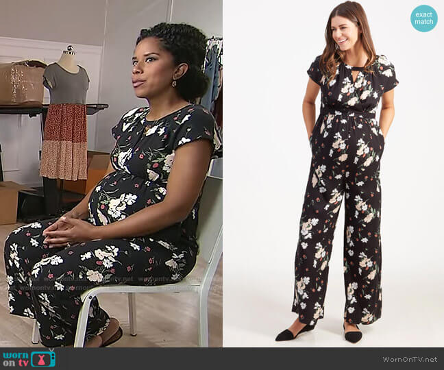 Ingrid & Isabel Adjustable Waist Floral Maternity Jumpsuit worn by Adriana Diaz on CBS Mornings