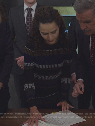 Isabel’s stripe ribbed sweater and skirt on The Good Fight