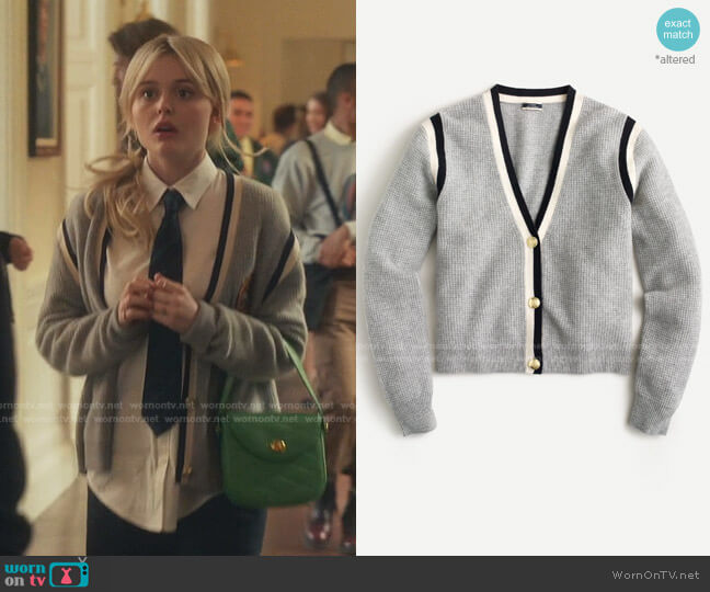 Cashmere Waffle Knit Cardigan Sweater by J. Crew worn by Audrey Hope (Emily Alyn Lind) on Gossip Girl