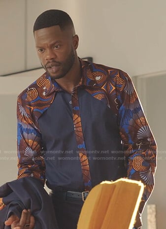 Jeff's blue african print shirt on Dynasty