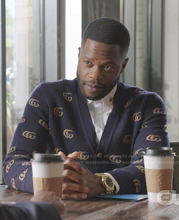 Jeff's navy GG print cardigan on Dynasty