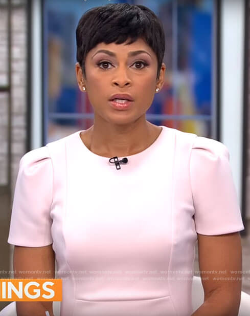 Jericka Duncan’s light pink short sleeve dress on CBS Mornings