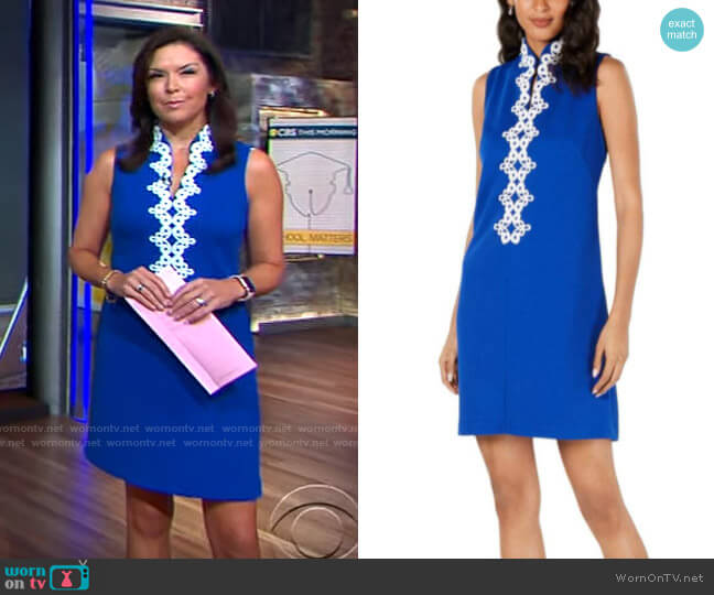 Meg Oliver’s blue dress with white embroidery on CBS This Morning