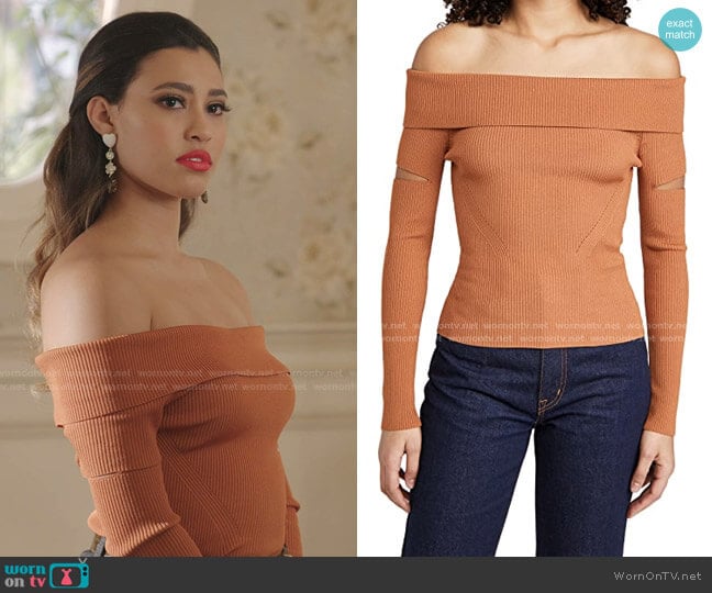 Zayla Compact Off-The-Shoulder Sweater by Jonathan Simkhai worn by Kara Royster on Dynasty