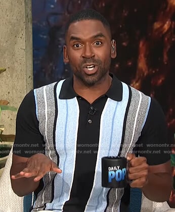 Justin's black, grey and blue striped polo shirt on E! News Daily Pop