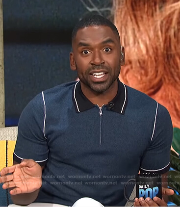 Justin’s navy contrast trim polo shirt on E! News Daily Pop