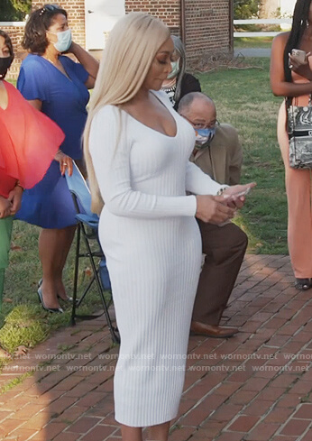 Karen's white ribbed midi dress on The Real Housewives of Potomac