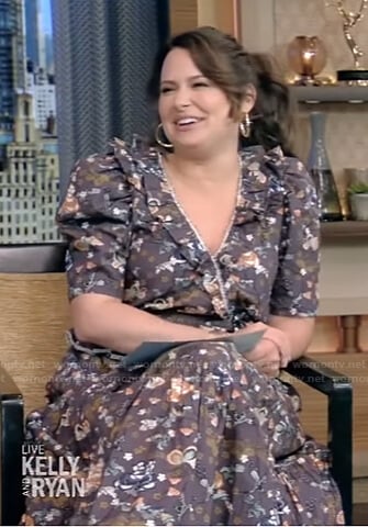 Katie Lowes’s floral print ruffle midi dress on Live with Kelly and Ryan