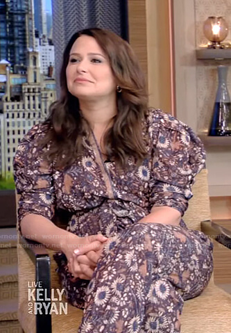 Katie Lowes's floral puff sleeve jumpsuit on Live with Kelly and Ryan