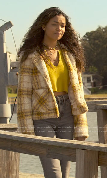 Kiara’s plaid jacket and yellow cropped top on Outer Banks