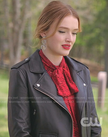 Kirby’s red tie neck blouse and black moto jacket on Dynasty