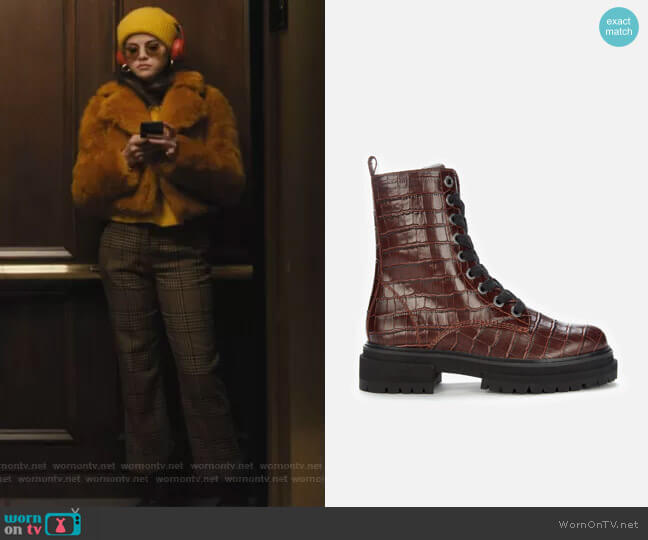 Kurt Geiger London Siva Croc Print Leather Lace Up Boots - Wine worn by Mabel Mora (Selena Gomez) on Only Murders in the Building