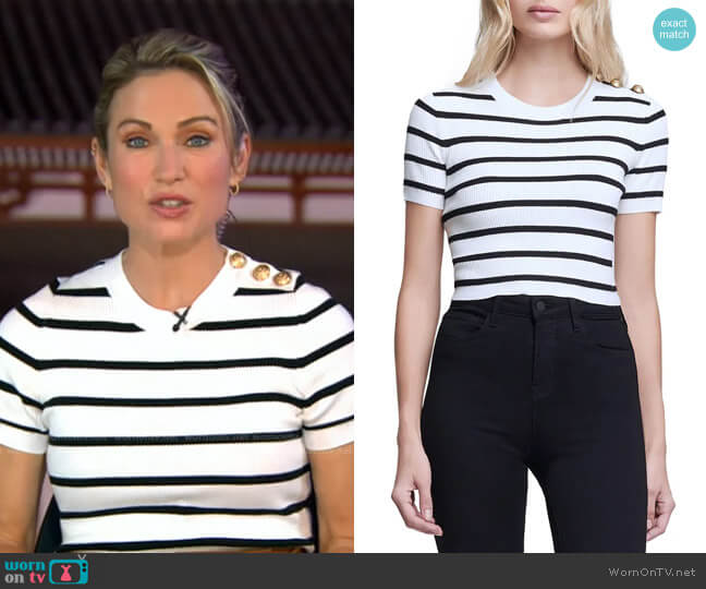 Delphine Stripe Short Sleeve Sweater by L'Agence worn by Amy Robach on Good Morning America