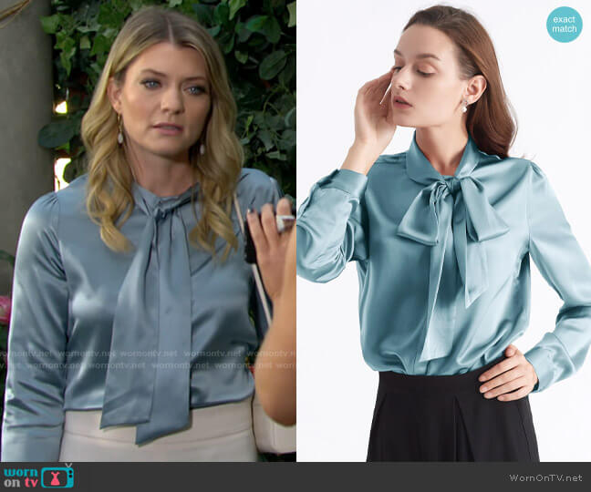 Lily Silk Bow-tie Neck Silk Blouse in Blue Haze worn by Tara Locke (Elizabeth Leiner) on The Young and the Restless