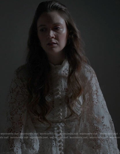 Liv's white lace button front dress on American Horror Stories