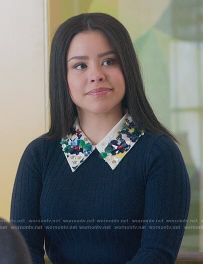 Mariana’s navy ribbed sweater with embellished collar on Good Trouble