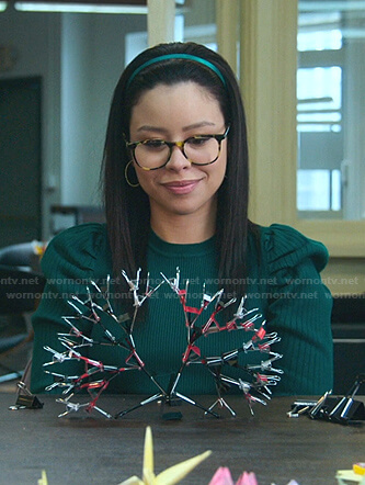 Mariana's green ribbed puff sleeve top on Good Trouble