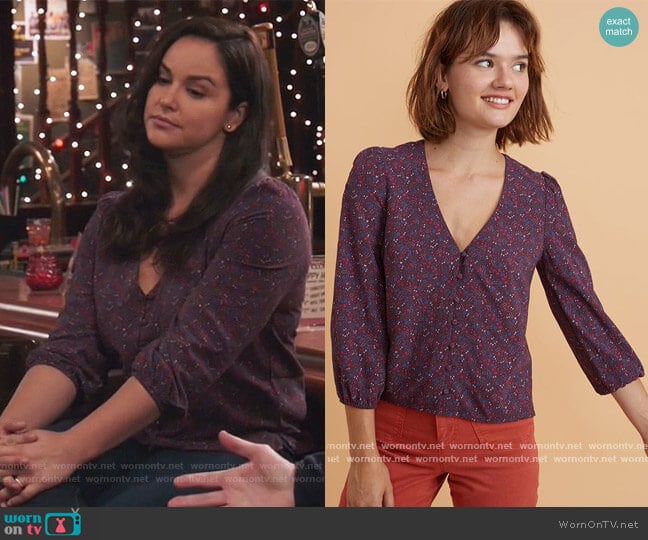 Stacy Button Front Top in Cabernet Ditsy Floral by Marine Layer worn by Amy Santiago (Melissa Fumero) on Brooklyn Nine-Nine