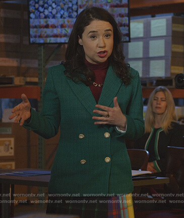 Marissa’s green jacket and mixed plaid skirt on The Good Fight