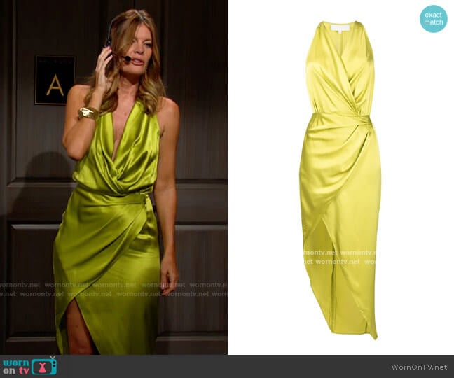 Michelle Mason Asymmetric halterneck silk dress worn by Phyllis Summers (Michelle Stafford) on The Young and the Restless