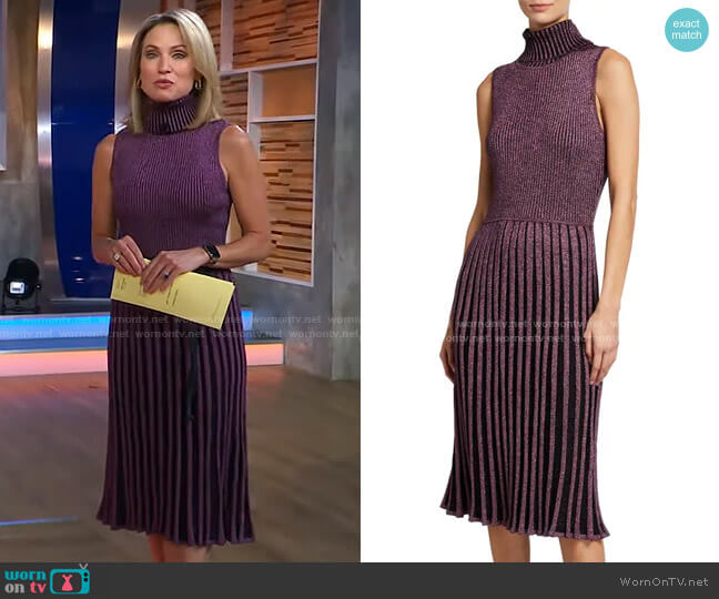 Sleeveless Pleated Metallic Turtleneck Midi Dress by Milly worn by Amy Robach on Good Morning America