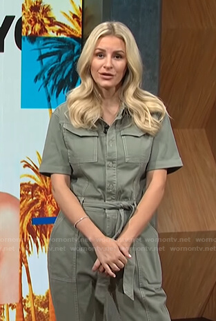 Morgan’s green tie waist jumpsuit on E! News Daily Pop