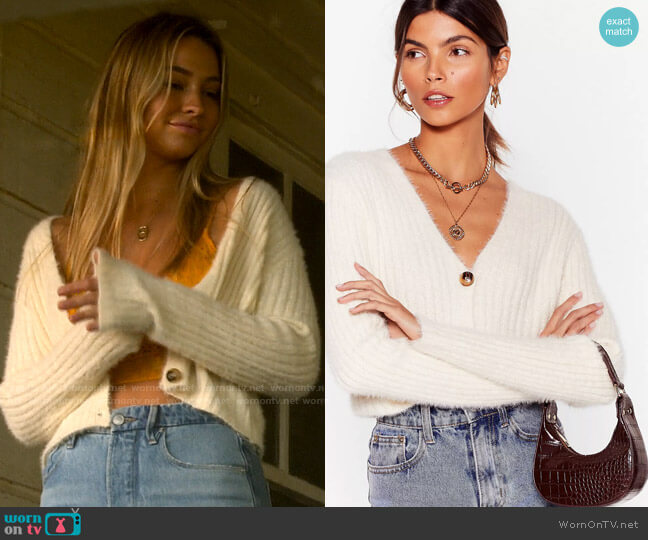 Nasty Gal Fluffy Knit Button Down V Neck Cardigan worn by Sarah Cameron (Madelyn Cline) on Outer Banks