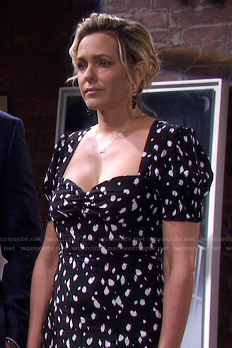 Nicole’s black printed sweetheart dress on Days of our Lives