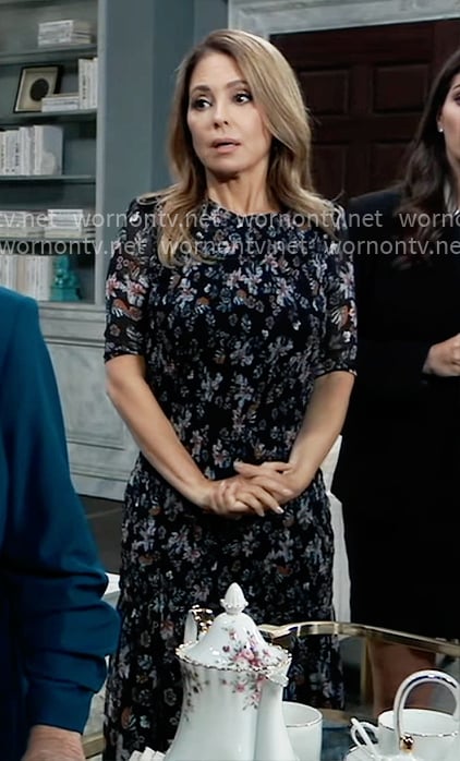 Olivia's black floral print midi dress on General Hospital