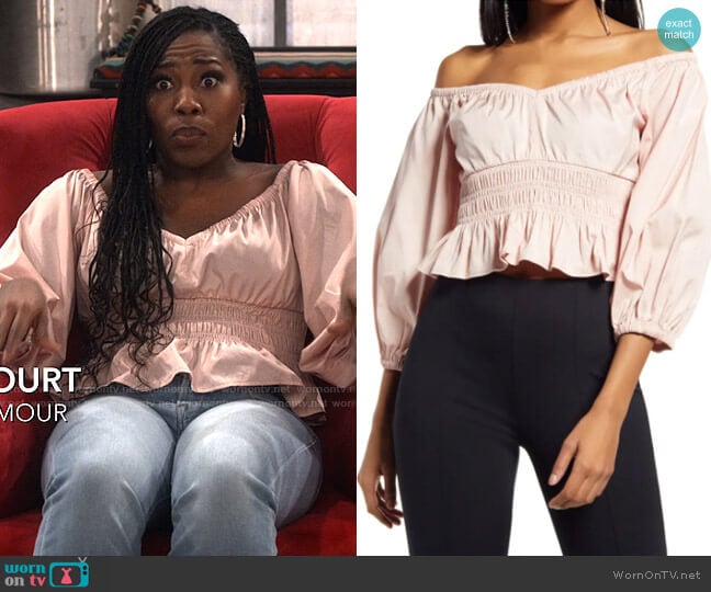 Open Edit Off the Shoulder Cotton Poplin Blouse worn by Harper (Laci Mosley) on iCarly