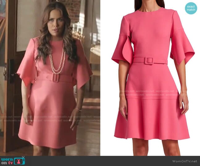 Flutter Sleeve Belted Dress by Oscar de la Renta worn by Cristal Jennings (Daniella Alonso) on Dynasty