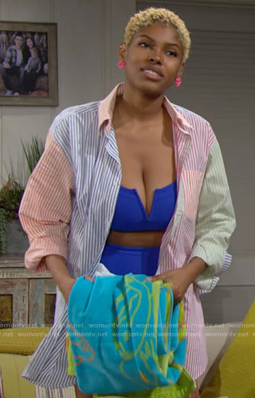 Paris's blue bikini and colorblock shirt on The Bold and the Beautiful