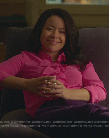 Mariana's pink ruffle front blouse on Good Trouble