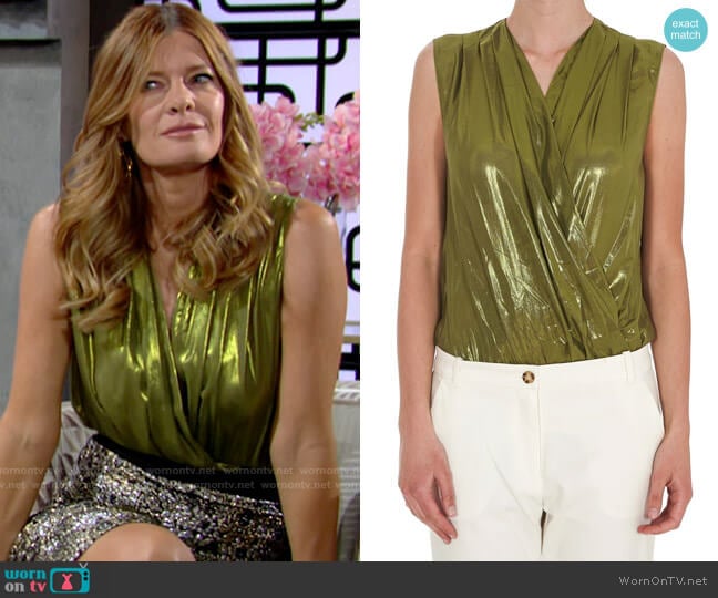 Pinko Metallic Sleeveless Wrap Bodysuit worn by Phyllis Summers (Michelle Stafford) on The Young and the Restless