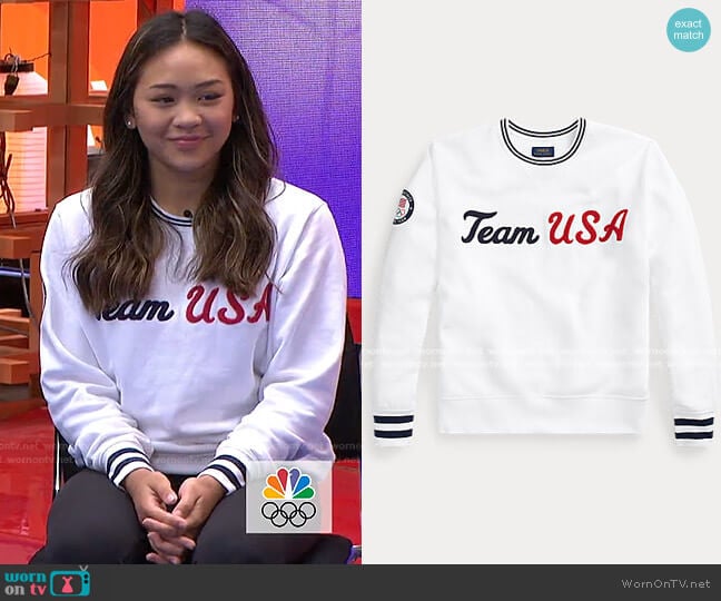 Team USA Crewneck Sweatshirt by Ralph Lauren worn by Sunisa Lee on Today