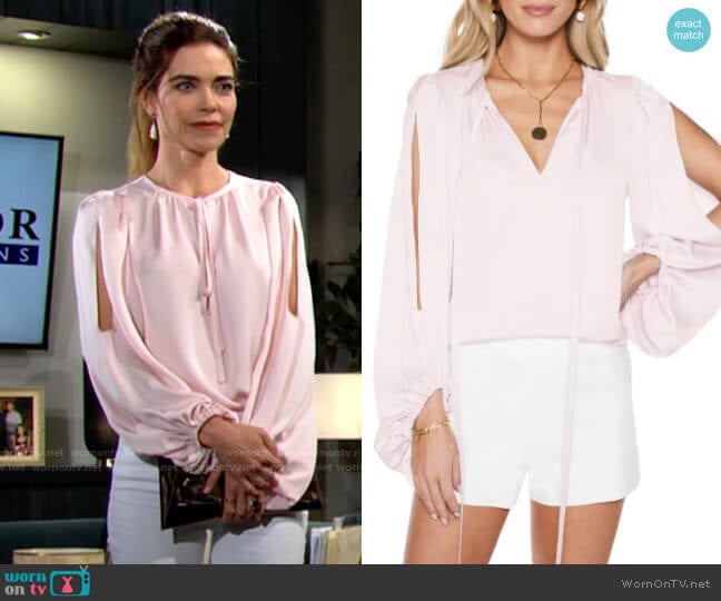 Ramy Brook Aubrie Slit Balloon Sleeve Blouse worn by Victoria Newman (Amelia Heinle) on The Young and the Restless