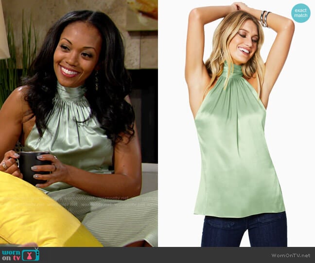 Ramy Brook Lori Top in Wild Sage worn by Amanda Sinclair (Mishael Morgan) on The Young and the Restless