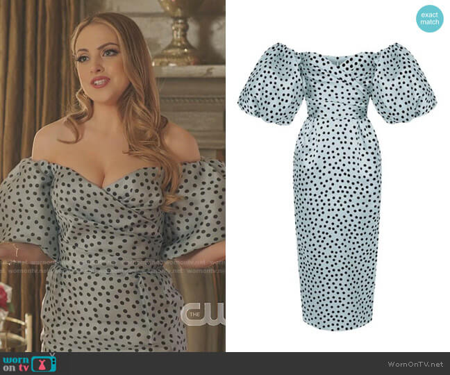 Polka-Dot Silk Organza Off-The-Shoulder Midi Dress by Rasario worn by Fallon Carrington (Elizabeth Gillies) on Dynasty