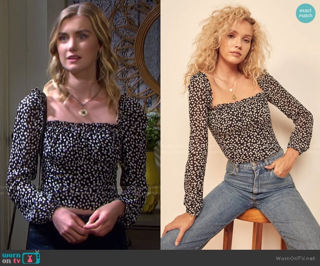 Bacio Ruffle Tie Back Crop Top by Reformation worn by Claire Brady (Isabel Durant ) on Days of our Lives