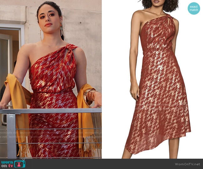 Reiss Delilah One-Shoulder Dress worn by Liz Ortecho (Jeanine Mason) on Roswell New Mexico