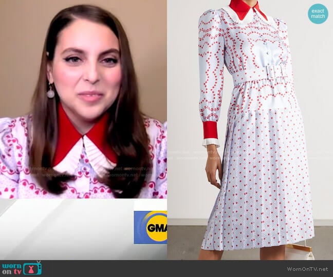 Belted Pleated Printed Silk-Twill Midi Dress by Rodarte worn by Beanie Feldstein on GMA