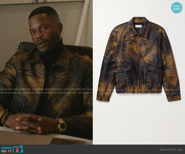 Slim-Fit Metallic Jacquard Bomber Jacket by Saint Laurent worn by Jeff Colby (Sam Adegoke) on Dynasty