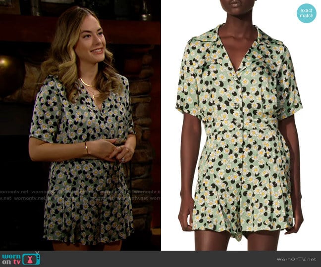 Sandro Daisy & Dot Print Short Sleeve Playsuit worn by Hope Logan (Annika Noelle) on The Bold and the Beautiful