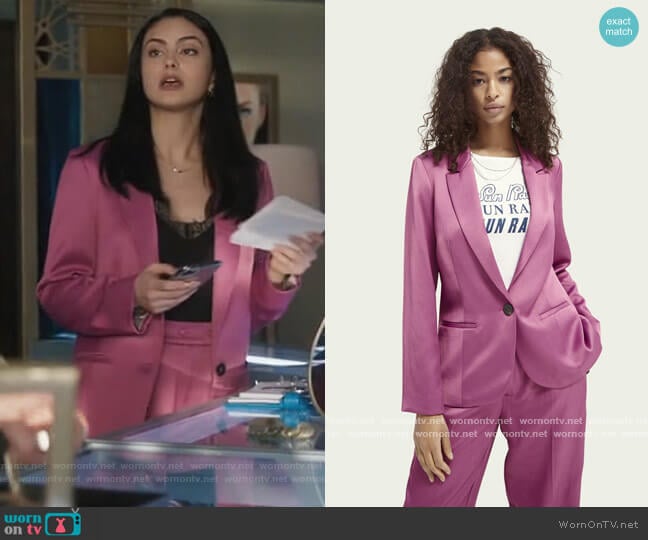 Shiny tailored blazer and pants by Scotch and Soda worn by Veronica Lodge (Camila Mendes) on Riverdale