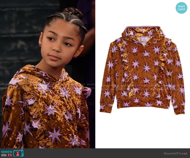 Star Print Velour Hoodie by Scotch R'Belle worn by Ami (Jordyn Raya James) on Family Reunion